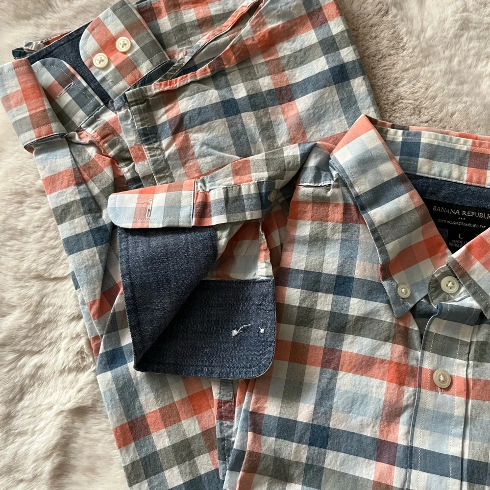 Banana Republic Men's Blue‎ and Orange Plaid Shirt